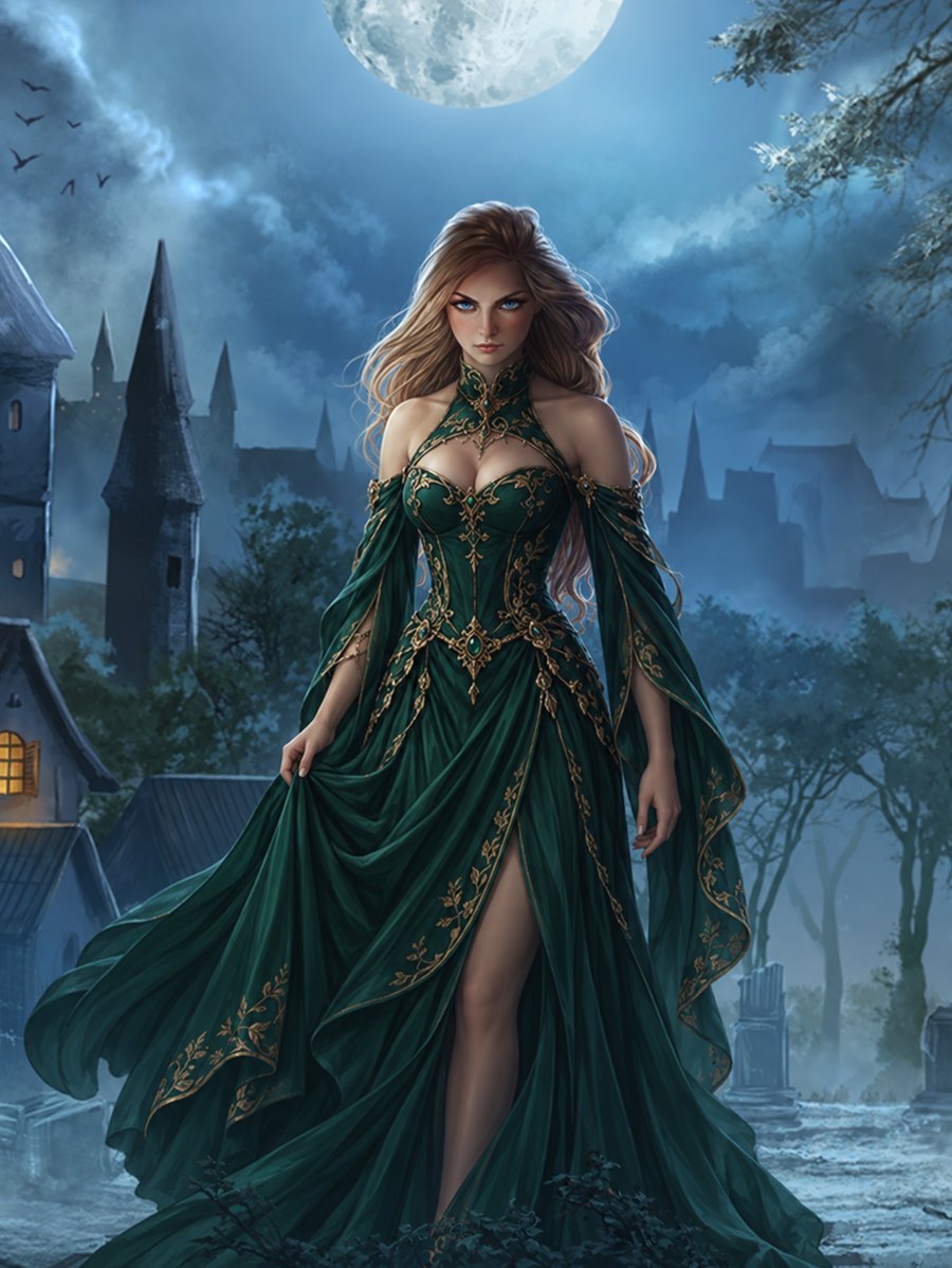 Andrella in a green and gold gown